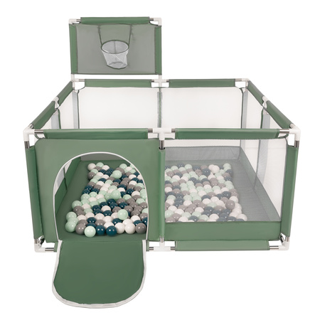 square play pen filled with plastic balls basketball, green:dark turquoise/grey/white/mint, 400 balls