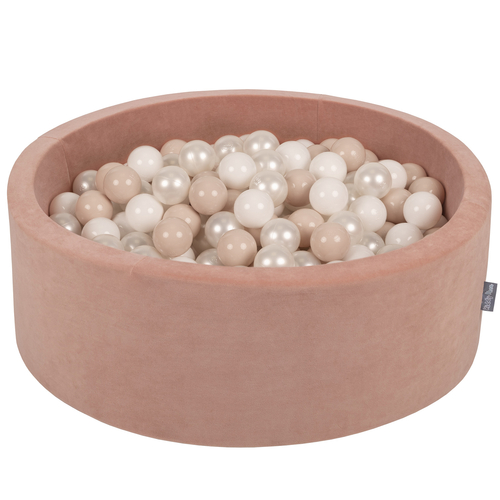 KiddyMoon Soft Ball Pit Round ∅ 7cm / 2.75In for Kids, Foam Velvet Ball Pool Baby Playballs, Made In The EU, desert pink:pastel beige/white/pearl, 90x30cm/200 balls