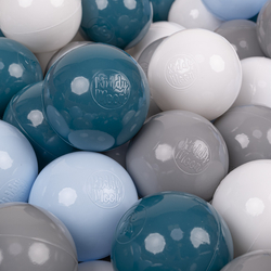 KiddyMoon Soft Plastic Play Balls ∅ 7cm/2.75in Multi-colour Made in EU, dark turquoise/pastel blue/grey/white, 100 Balls/7cm-2.75in