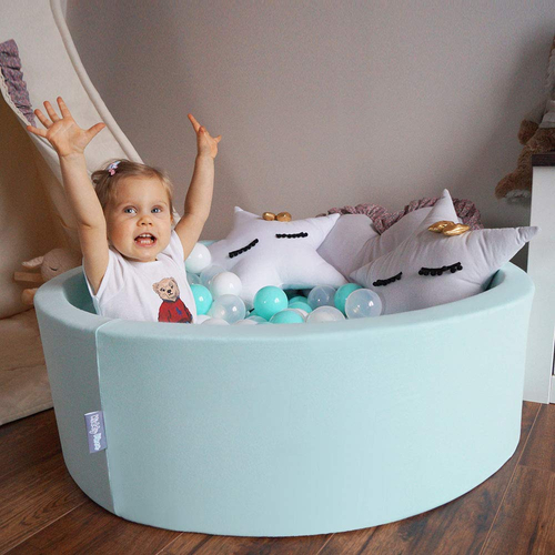 KiddyMoon Soft Plastic Play Balls ∅ 7cm/2.75in Multi-colour Made in EU, light turquoise/white/transparent/ turquoise, 300 Balls/7cm-2.75in