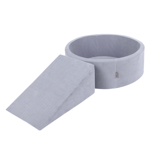 KiddyMoon Foam Playground For Kids Soft Textured Safe Blocks, dark grey: pastel beige/white/perle, Ballpit (100 Balls) + Wedge