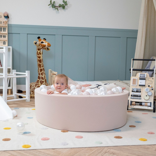 KiddyMoon Baby Foam Ball Pit with Balls ∅ 7cm / 2.75in, beige: pastel beige/white/pearl, 90x30cm/300 balls