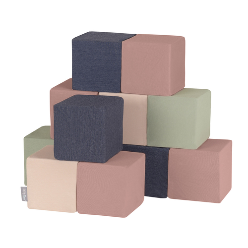 KiddyMoon Soft Foam Building Blocks for Babies & Toddlers, Washable Cotton Zip Cover, 14cm Cubes, Sensory Toy, cubes: heather-dark blue-beige-sage, 12 Pieces