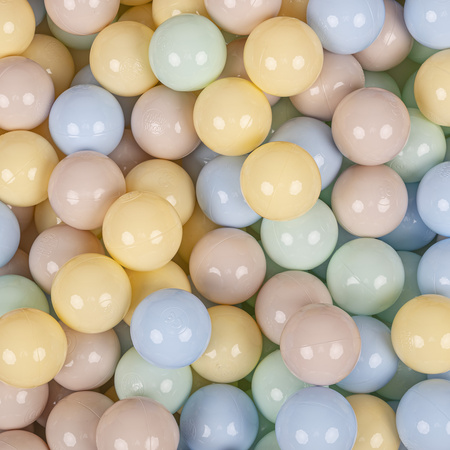 KiddyMoon Soft Ball Pit Round ∅ 7cm / 2.75In for Kids, Foam Velvet Ball Pool Baby Playballs, Made In The EU, forest green:pastel beige/pastel blue/pastel yellow/mint, 90x30cm/200 balls