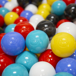 KiddyMoon Soft Plastic Play Balls ∅ 6cm / 2.36 Multi Colour Made in EU, black/white/blue/red/yellow/turquoise, 100 Balls/6cm-2.36in