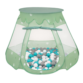 Play Tent For Kids Castle Baby Playhouse For Children With Colorful Balls Pop Up Perfect For Indoor And Outdoor Easy Set Up Includes Carry Bag, mint:grey/white/turquoise, 105x90cm/200 balls