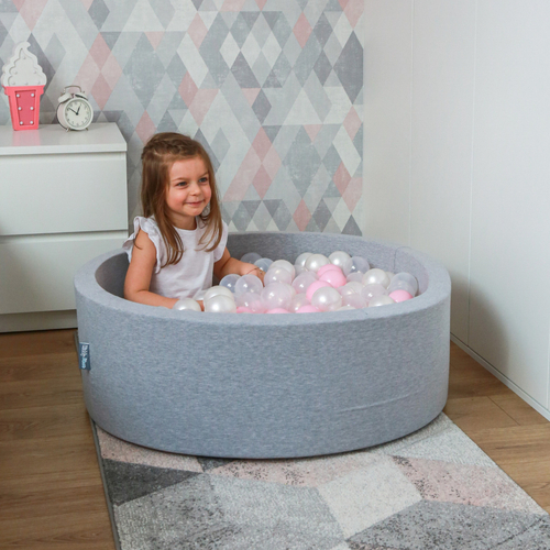 KiddyMoon Baby Foam Ball Pit with Balls ∅ 7cm / 2.75in Made in EU, light grey:light pink/pearl/transparent, 90x30cm/300 balls