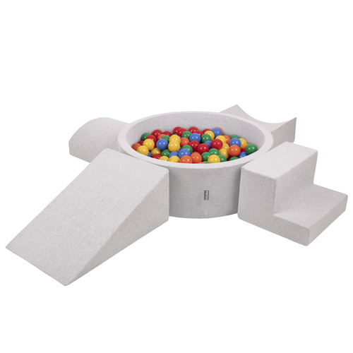 KiddyMoon Foam Playground for Kids with Round Ballpit ( ∅ 7cm/2.75In) Soft Obstacles Course and Ball Pool, Certified Made In The EU, lightgrey:yellow/green/blue/red/orange, Ballpit (200 Balls) + Version 5