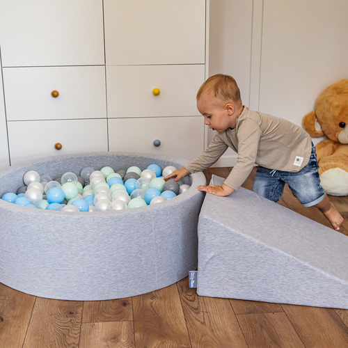 KiddyMoon Baby Foam Ball Pit with Balls ∅ 7cm / 2.75in Made in EU, dark grey:powder pink/pearl/gold, 90x30cm/200 balls