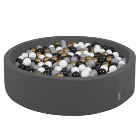 KiddyMoon Soft Ball Pit Round  ∅ 7Cm / 2.75In For Kids, Foam Ball Pool Baby Playballs Children, Made In The EU, dark grey:white-grey-black-gold, 120x30cm/200 balls