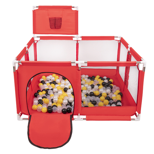 square play pen filled with plastic balls basketball, Red:black/pearl/yellow/transparent, 400 balls