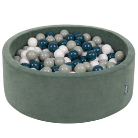 KiddyMoon Soft Ball Pit Round ∅ 7cm / 2.75In for Kids, Foam Velvet Ball Pool Baby Playballs, Made In The EU, forest green:dark turquoise/green-grey/white, 90x30cm/200 balls