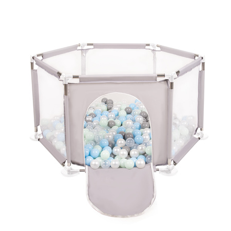 hexagon 6 side play pen with plastic balls, Grey:pearl/grey/transparent/babyblue/mint, 400 balls