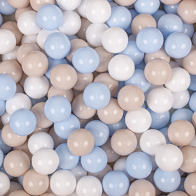 KiddyMoon Soft Plastic Play Balls ∅ 7cm/2.75in Multi-colour Made in EU, pastel beige/pastel blue/white, 200 Balls/7cm-2.75in