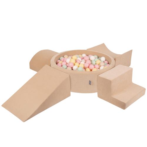 KiddyMoon Foam Playground Velvet for Kids with Round Ballpit ( ∅ 7cm/2.75In) Soft Obstacles Course and Ball Pool, Certified Made In The EU, beż piasku: pastelowy beż-pastelowy żółty-biały-mięta-pudrowy róż