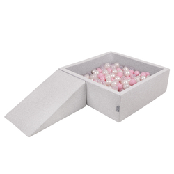 KiddyMoon Foam Playground for Kids with Square Ball pit ( ∅ 7cm/2.75In) Soft Obstacles Course and Ball Pool, Certified Made In The EU, lightgrey:powderpink/pearl/transparent, Ballpit (100 Balls) + Wedge