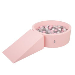 KiddyMoon Foam Playground for Kids with Round Ballpit ( ∅ 7cm/2.75In) Soft Obstacles Course and Ball Pool, Certified Made In The EU, pink:pearl/grey/transparent/powder pink, Ballpit (100 Balls) + Wedge