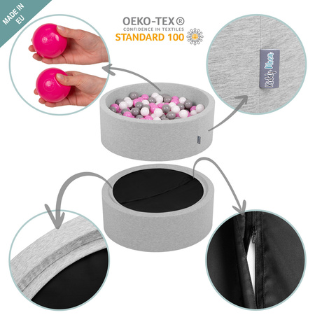 KiddyMoon Soft Ball Pit Quarter Angular ∅ 7cm / 2.75In for Kids, Foam Ball Pool Baby Playballs, Made In The EU, light grey:grey/white/pink, 90x30cm/200 balls
