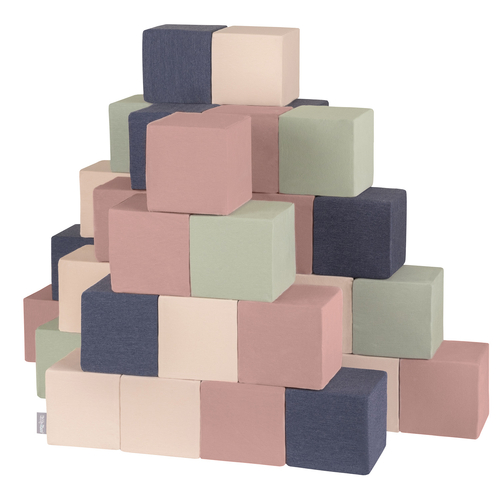 KiddyMoon Soft Foam Building Blocks for Babies & Toddlers, Washable Cotton Zip Cover, 14cm Cubes, Sensory Toy, cubes: heather-dark blue-beige-sage, 48 Pieces