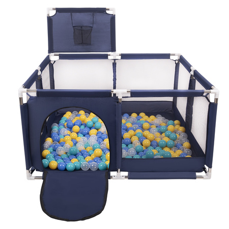 square play pen filled with plastic balls basketball, Blue:turquoise/blue/yellow/transparent, 100 balls