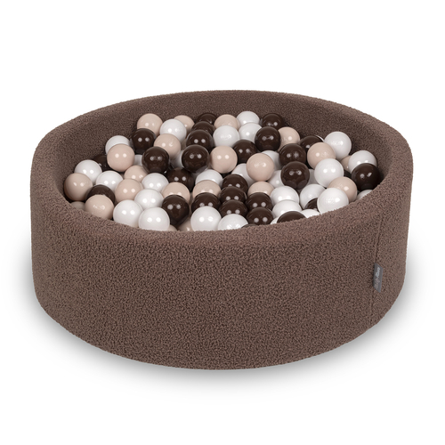 KiddyMoon Ball Pit for Baby with Teddy Plush, Large 7 cm Balls for a Fuller Ball Pit, From 8 Months, Removable Cover, Brown: Pastel Beige/Brown/White, 90 x 30 cm / 200 Balls
