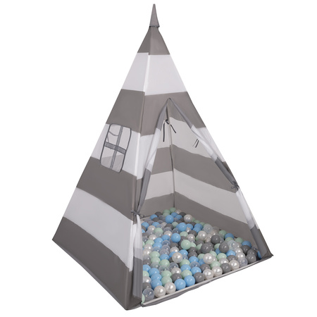 Teepee Tent for Kids Play House With Balls Indoor Outdoor Tipi, grey-whitestripes:pearl/grey/transparet/bblue/mint, 200 Balls