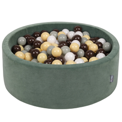 KiddyMoon Soft Ball Pit Round ∅ 7cm / 2.75In for Kids, Foam Velvet Ball Pool Baby Playballs, Made In The EU, forest green:greengrey/pastel yellow/brown/white, 90 x 30 cm / 200 Balls