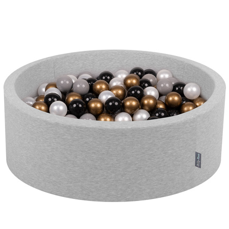 KiddyMoon Baby Foam Ball Pit with Balls ∅ 7cm / 2.75in Made in EU, light grey:black/pearl/gold/grey, 90x30cm/300 balls