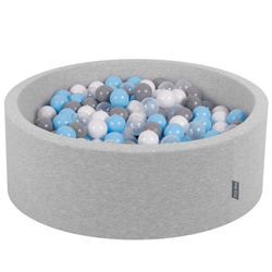 KiddyMoon Baby Foam Ball Pit with Balls ∅ 7cm / 2.75in Made in EU, light grey:grey/white/transparent/babyblue, 90 x 30 cm / 200 Balls