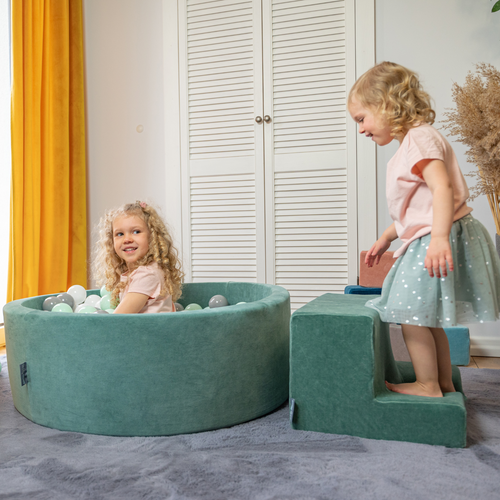 KiddyMoon Foam Playground Velvet for Kids with Round Ball pit (∅ 7cm/2.75In) Soft Obstacles Course and Ball Pool, Certified Made In The EU, Sand beige: pastel beige/pastel yellow/white/mint/powder pink, Ballpit (100 Balls) + Steps