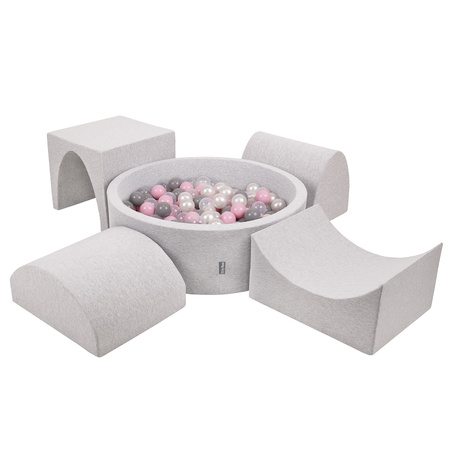 KiddyMoon Foam Playground for Kids with Round Ballpit ( ∅ 7cm/2.75In) Soft Obstacles Course and Ball Pool, Certified Made In The EU, lightgrey:pearl/grey/transparent/powderpink, Ballpit (200 Balls) + Version 1