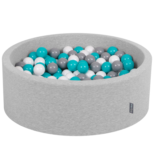 KiddyMoon Baby Foam Ball Pit with Balls ∅ 7cm / 2.75in Made in EU, light grey:grey/white/turquoise, 90x30cm/300 balls