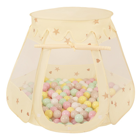 Play Tent Castle House Pop Up Ballpit Shell Plastic Balls For Kids, Light Beige: Pastel Beige/Pastel Yellow/White/Mint/Powder Pink, 105x90cm/100 balls