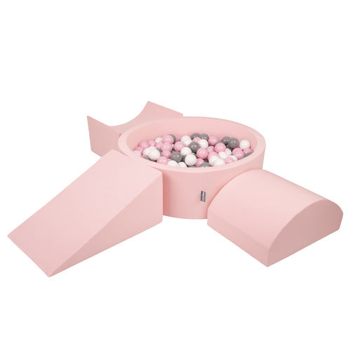 KiddyMoon Foam Playground for Kids with Round Ballpit ( ∅ 7cm/2.75In) Soft Obstacles Course and Ball Pool, Certified Made In The EU, pink:white/grey/powder pink, Ballpit (300 Balls) + Version 4