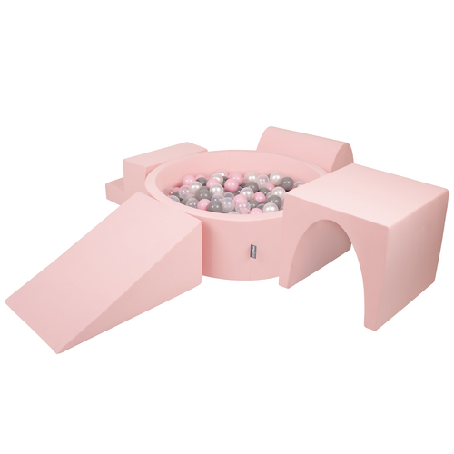 KiddyMoon Foam Playground for Kids with Round Ballpit ( ∅ 7cm/2.75In) Soft Obstacles Course and Ball Pool, Certified Made In The EU, pink:pearl/grey/transparent/powder pink, Ballpit (200 Balls) + Version 3