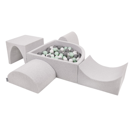 KiddyMoon Foam Playground for Kids with Quarter Angular Ballpit and Balls, lightgrey:white/grey/mint, Ballpit (200 Balls) + Version 1