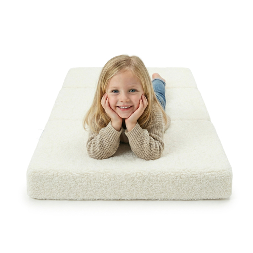 KiddyMoon Foam Mattress with Pillow for Children with Teddy Bear Fabric, Multifunctional and Foldable for Toddlers, creamy, Mattress with Pillow