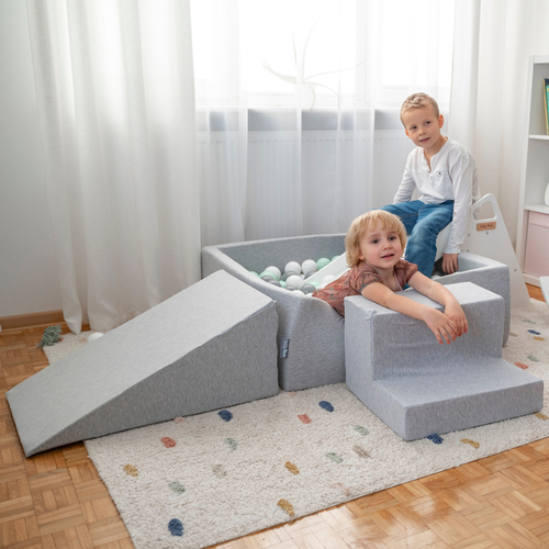 KiddyMoon Foam Playground for Kids with Square Ball pit ( ∅ 7cm/2.75In) Soft Obstacles Course and Ball Pool, Certified Made In The EU, lightgrey:white/grey/mint, Ballpit (300 Balls) + Version 3