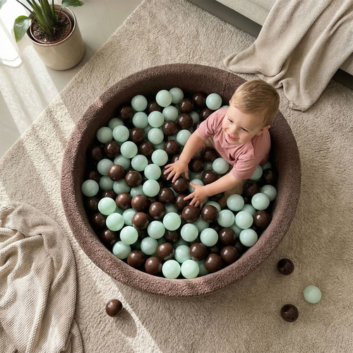 KiddyMoon Ball Pit for Baby with Teddy Plush, Large 7 cm Balls for a Fuller Ball Pit, From 8 Months, Removable Cover, Brown: Mint/Brown, 90 x 30 cm / 300 Balls