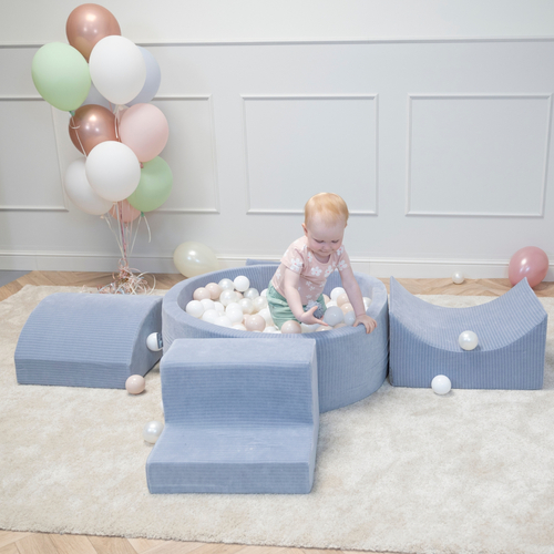 KiddyMoon Foam Playground For Kids Soft Textured Safe Blocks, dark grey: pastel beige/white/perle, Ballpit (100 Balls) + Steps