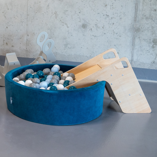 KiddyMoon Baby Foam Ball Pit with Balls ∅ 7cm / 2.75in Made in EU, dark grey:white/grey/babyblue/powder pink, 90x30cm/200 balls