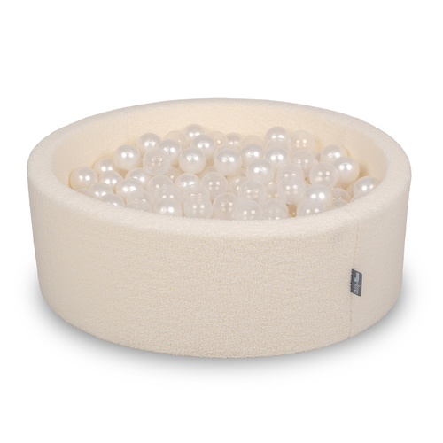 KiddyMoon Ball Pit for Baby with Teddy Plush, Large 7 cm Balls for a Fuller Ball Pit, From 8 Months, Removable Cover, Cream: Pearl/Transparent, 90 x 30 cm / 200 Balls