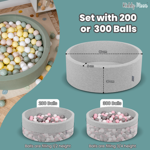 KiddyMoon Baby Foam Ball Pit with Balls ∅ 7cm / 2.75in Made in EU, dark grey:pearl/grey/transparent/light pink, 90x30cm/300 balls