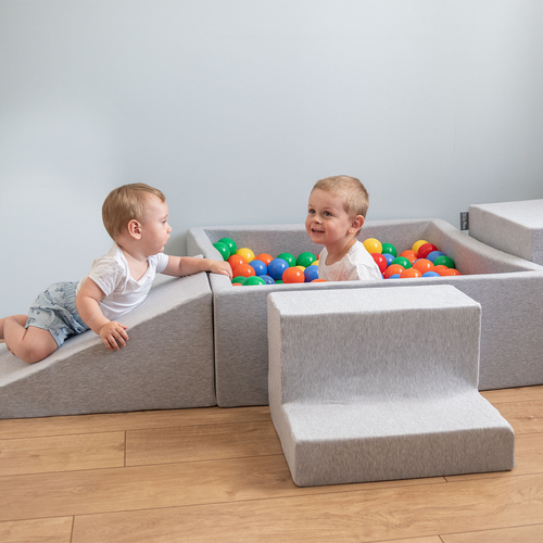 KiddyMoon Baby Foam Ball Pit with Balls ∅ 7cm / 2.75in Square Made in EU, light grey:yellow/green/blue/red/orange
