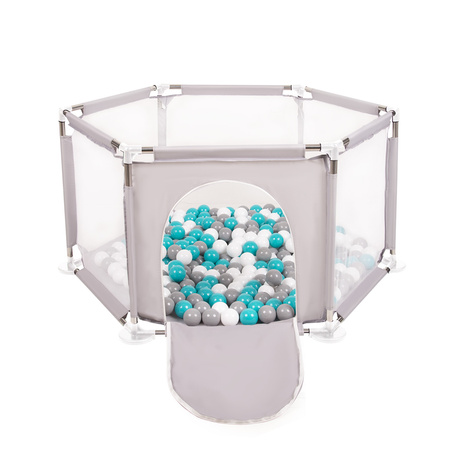 hexagon 6 side play pen with plastic balls, Grey:grey/white/turquoise, 100 balls