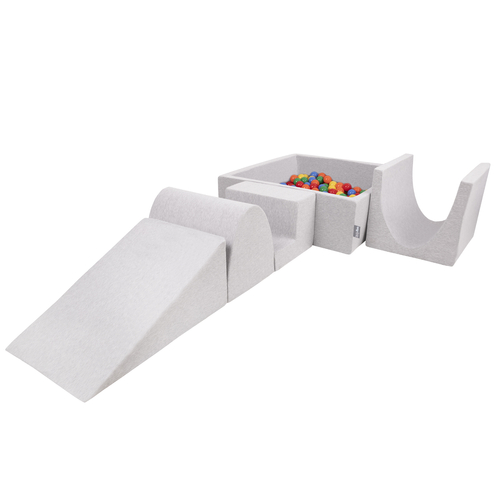 KiddyMoon Foam Playground for Kids with Square Ballpit ( ∅ 7cm/2.75In) Soft Obstacles Course and Ball Pool, Certified Made In The EU, lightgrey:yellow/green/blue/red/orange, Ballpit (300 Balls) + Version 3