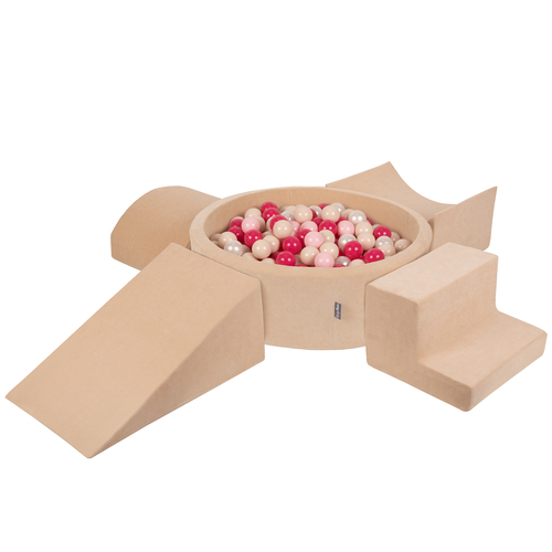 KiddyMoon Foam Playground Velvet for Kids with Round Ballpit ( ∅ 7cm/2.75In) Soft Obstacles Course and Ball Pool, Certified Made In The EU, beż piasku: pastelowy beż-pudrowy róż-perła-ciemny róż