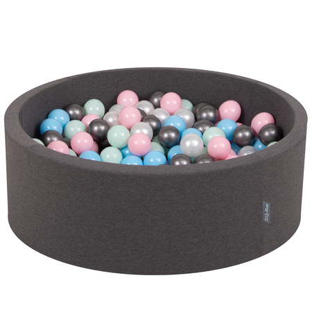 KiddyMoon Baby Foam Ball Pit with Balls ∅ 7cm / 2.75in Made in EU, dark grey:pearl/light pink/baby blue/mint/silver, 90x30cm/300 balls