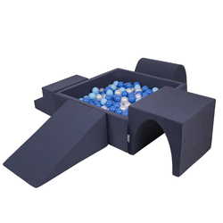 KiddyMoon Foam Playground for Kids with Square Ball pit ( ∅ 7cm/2.75In) Soft Obstacles Course and Ball Pool, Certified Made In The EU, dark blue: babyblue/blue/pearl, Ballpit (200 Balls) + Version 3