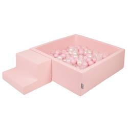KiddyMoon Foam Playground for Kids with Square Ballpit ( ∅ 7cm/2.75In) Soft Obstacles Course and Ball Pool, Made In The EU, pink:powder pink/pearl/transparent, Ballpit (100 Balls) + Steps